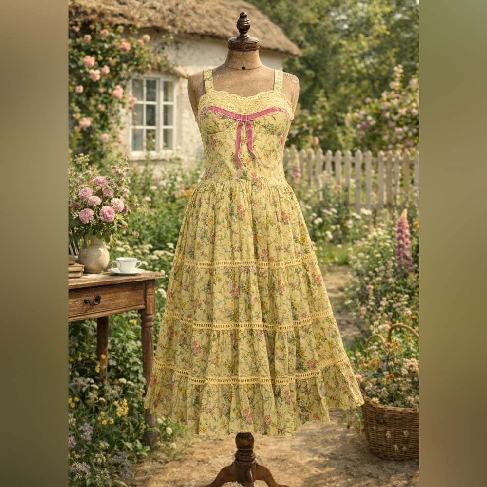 Kitten D’Amour Cottage Core, Fairy, Yellow Floral, Pink Lace Bow Dress